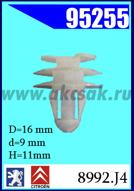 95255 Клипса автомобильная (крепёжное изделие) Peugeot, CITROEN